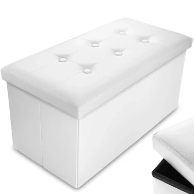 Image of Nyxi Faux Leather 76 * 38 38cm White Ottoman Foldable Storage Boxes Seat Foot Stool Box with Lids for Kids Toys, Bedroom, Hallway, Living Room