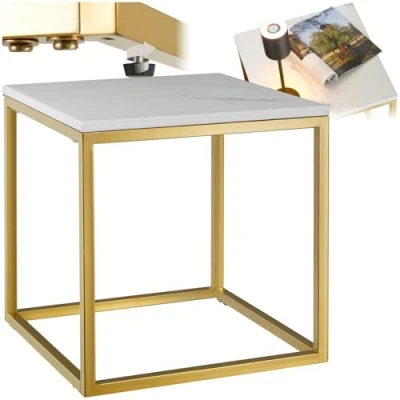 Image of TecTake® Marble Coffee Table in Cubic Design with Removable Top, Sturdy Steel Frame &amp; Height Adjustable Feet, Easy Assembly, Square Side for Living Room, Bedroom Hallway White/Gold