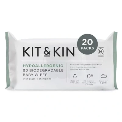 Image of Kit &amp; Kin Premium Eco Baby Wet Wipes, 1200 Wipes (20 packs) Hypoallergenic Dermatologist Approved 99% Water Plastic Free Super Soft Biodegradable Fragrance New Improved Formula