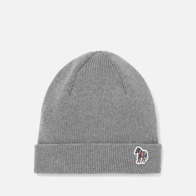Image of Paul Smith Mens Zebra Logo Ribbed Lambswool Beanie Hat Grey One Size