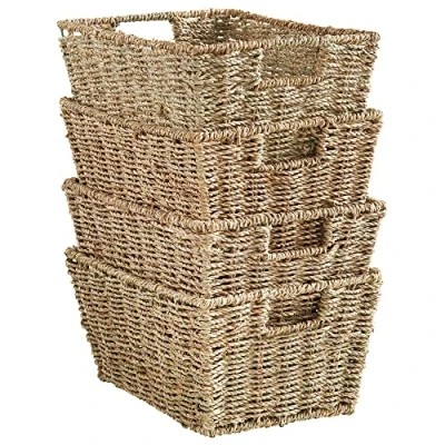 Image of VonHaus Seagrass Storage Baskets, Set of 4 Hand Woven Display Hampers Bathroom Baskets for Shelves Nesting Natural Wicker w/Handles Bedroom &amp; Home Office