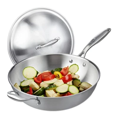 Image of Relaxdays Wok, 32 cm, Uncoated Stainless Steel, Gas, Induction &amp; Electric Hobs, Stir Fry Pan with Lid and Handle, Silver
