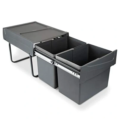 Image of Emuca Waste containers with lower fixing for kitchen, 2 removable 15L recycling bins, total capacity 30 L (2 x 15 L), steel and plastic, anthracite grey.