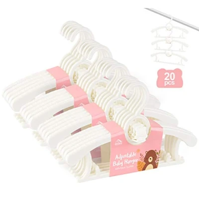 Image of Anstore 20 Pack Plastic Nursery Hangers, Extendable Baby Hangers for Clothes, Children Coat with Space Saving Stackable Hooks, Non Slip Toddler Kids from Birth to 12 Years (White)