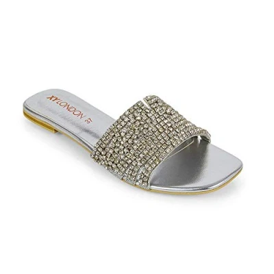 Image of Womens Flat Slip On Diamante Slider Ladies Party Holiday Mule Flip Flop Sandals Shoes Size 3 9 Silver
