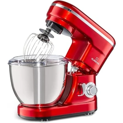 Image of Klarstein Bella Mini Kitchen Machine kneading with 1200 W Power in 6 Speed Levels, Stainless Steel Mixer, Pulse Function, Planetary Mixing System, 3 attachments, red