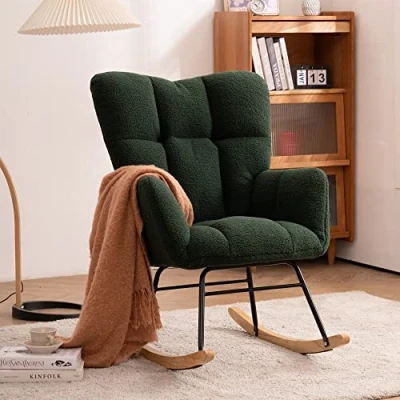 Image of ABIN Rocking Armchair, Mid Century Modern Teddy Fabric Tufted Chair Padded Seat, Leisure Relax Chair, Suitable for Living Room Bedroom Office Nursery (Dark Green)