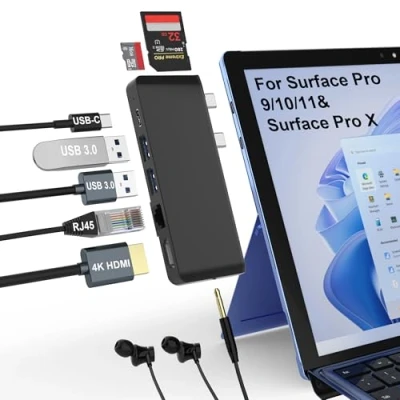 Image of Surface Pro 9 USB C Docking Station with 4K HDMI, Thunerbolt 4, 100Mbps Ethernet, 3.5mm Audio, 2 3.0, SD&amp;TF Card Slot, Triple Display(Surface+HDMI+USBC) for 9/X