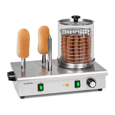 Image of Klarstein Wurstfabrik Pro 600 Hot Dog Maker Watts, 3 Heating Spits, Temperature Controller 30 100 C, Glass Cylinder: Ø 20 cm, Stainless Steel Cage: 17 Casing, Silver