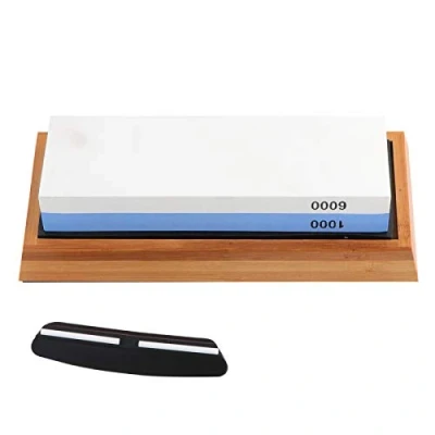 Image of Whetstone Knife Sharpener, Professional Grade Sharpening Stone Set with Angle Guide, 2 in 1 Double Sided Non Slip Bamboo Base 1000/6000 Grit, Sharpener Holder