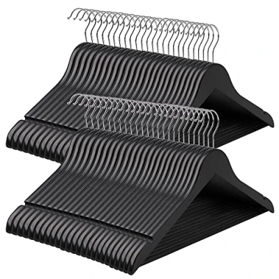 Image of SONGMICS Wooden Hangers, Set of 50, Coat Clothes with Shoulder Notches, Anti Slip Trousers Bar, 360 Swivel Hook, for Suits, Shirts, Coats, Black and Silver CRW02B 50