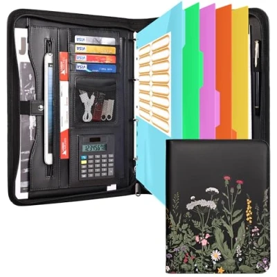 Image of Leathario Portfolio Folder, Vegan Leather A4 Padfolio with Zipper, 4 Ring Binder 5 Part Dividers, Multi Pocket Conference Folder for Tablets, Files, Notepads