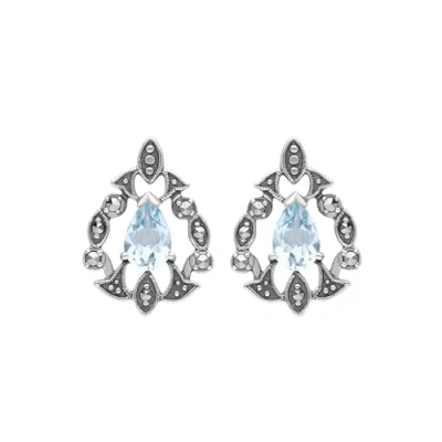 Image of Esse Marcasite Sterling Silver Pear Cut Blue Topaz &amp; Art Nouveau Earrings
