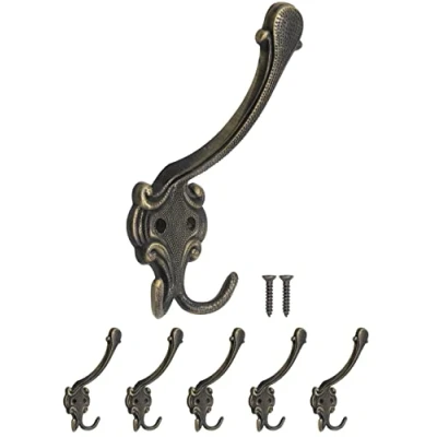 Image of Fuxxer® Classic Coat Hooks, Double Hat Clothes Antique Design, Set of 5, Bronze (Large)