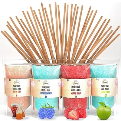 Image of GREENDOSO® Sugar For Candy Floss Machine (4x320g) Pack of 4 Flavours (Strawberry/Cola/Raspberry/Apple) 50 Sticks