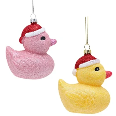 Image of Toyland® Pack of 2 12cm Glittery Festive Duck Shaped Christmas Baubles Tree Decorations (1 PINK, 1 YELLOW)