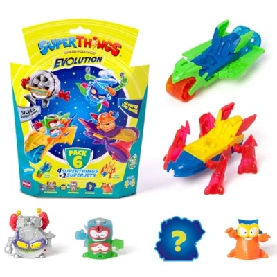 Image of SuperThings Evolution series Pack of 6. Includes 4 (1 silver captain) and 2 Superjets 6