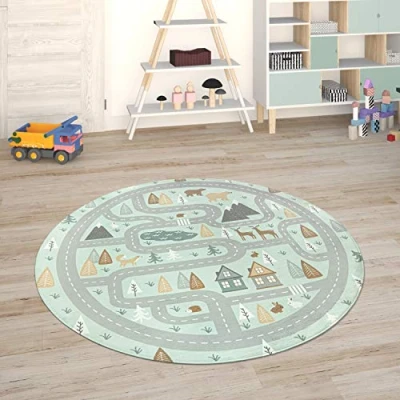 Image of Paco Home Kids Rug Children&#039;s Room Play Mat Baby Car Rug, Size:80 cm round, Colour:Turquoise