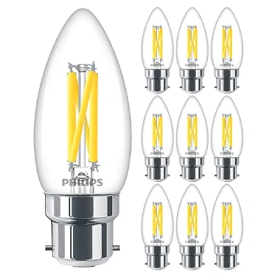Image of 10 Pack Philips Classic LED Clear Filament Candle B35 DimTone Lamp 3.4W (40W) B22 BC Large Bayonet Cap 2200k to 2700k 470 Lumen 15000 Hours Car Air Freshener Included 90+ CRI