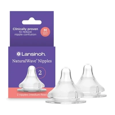 Image of Lansinoh mOmma Nipples Medium Flow, 2 Count, 100% Silicone, Anti Colic, BPS and BPA Free, Easy to Clean Assemble, Microwave Dishwasher Safe