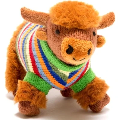 Image of Highland Cow Baby Rattle with Knitted Rainbow Stripe Jumper, Suitable from Birth
