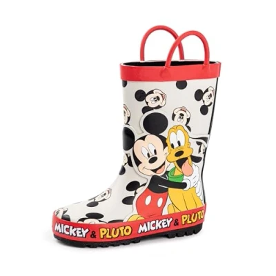 Image of Disney Mickey Mouse Boys Wellington Boots Kids Handle Wellies with and Pluto Character Print in Beige Water Resistant Pull On Rubber for Children Animation Movie Merchandise Gift