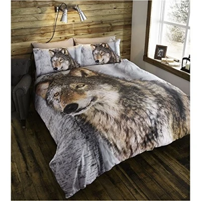 Image of Thru the Lens Wolf Double Quilt Duvet Cover and 2 Pillowcase Set Bed Linen Photographic Print, Polyester Cotton, Brown