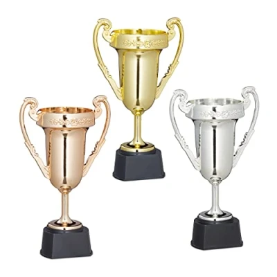 Image of Trophy Set, 3 Pieces, Sports and Celebrations, without Engraving, Plastic, Handle, HxWxD: 22.5 x 13.5 8.5 cm Relaxdays