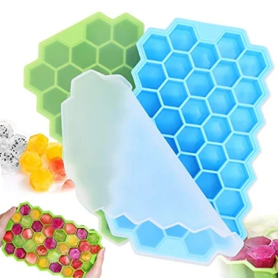 Image of 2Pcs Ice Cube Trays with Lids, 74 Cubes Hexagon Silicone Mould Silica Gel Flexible Bags for Fruit Ice,DIY Chilled Drinks, Whiskey,Cocktails