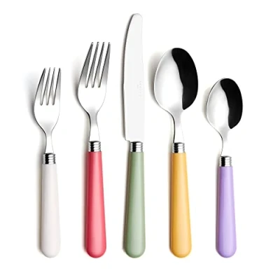 Image of Annova Cutlery Set Stainless Steel with Color Handle 4 x Dinner Knife; Fork; Salad Spoon; Dessert Spoon (Solid Mix)