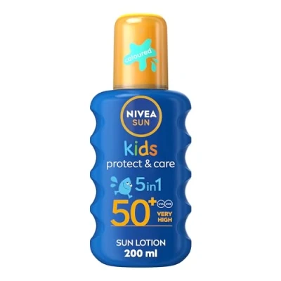 Image of NIVEA Sun Kids Protect &amp; Care SPF 50+ Coloured Spray (200ml), Sunscreen Protects Delicate Skin Against Sunburn and Long Term UV Damage, Moisturising