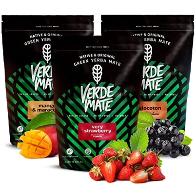 Image of Fruity Yerba mate set with fruits Verde green Mango &amp; Maracuya, Melocoton, Very Strawberry Brazilian Mild taste Natural coffeine tea 3x500g