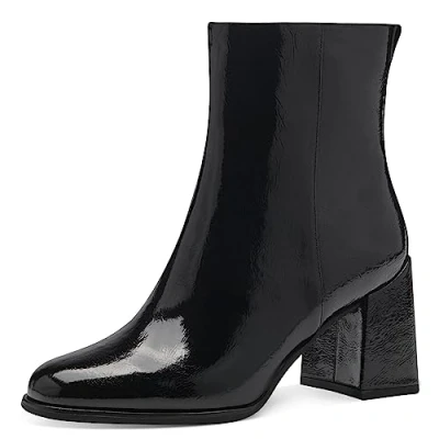 Image of MARCO TOZZI Women&#039;s 2 25327 41 Boot Heel, Black Patent, 5 UK (F width) Synthetic, Round Toe, Bootie, Ankle, Block Zip, Modern Style