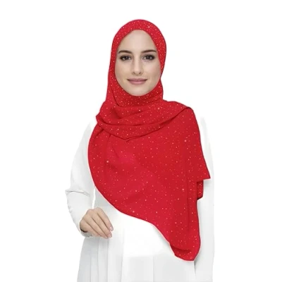Image of Sparkle Shimmer Gold Glitter Women&#039;s Chiffon Hijab Head Scarf Lightweight (Red)