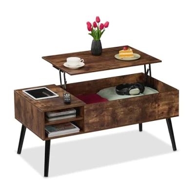Image of Relaxdays Coffee Table with Lift Function, HWD: 46 x 100 50 cm, 2 Side Compartments, Storage Space, Industrial, Brown, Fibreboard