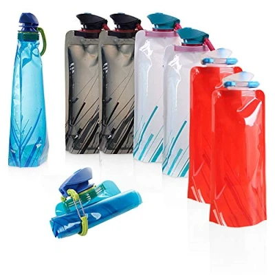 Image of MOAMUN 8PC Collapsible Foldable Water Bottle, BPA Free Portable Reusable Bag with Carabiner for Outdoor Sports, Hiking, Adventure, Travel, Cycling (700ml, Blue, White, Red, Black)