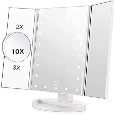 Image of Ovker Makeup Mirror, 22 LED Vanity Mirror with Lights,Trifold Touch Screen and 3X/2X/1X Magnification, 180 Degree Rotation Two Power Supply Modes Make Up Mirror,Travel Mirror(White)