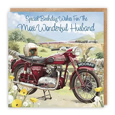 Image of Hunts England Vintage Motorbike Husband Birthday Card Steam Train Countryside Classic Motorcycle Milo&#039;s Gallery Collection