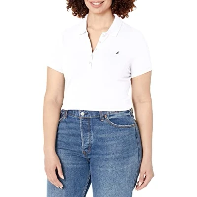 Image of Nautica Women&#039;s 5 Button Short Sleeve Breathable 100% Cotton Polo Shirt, Bright White, M