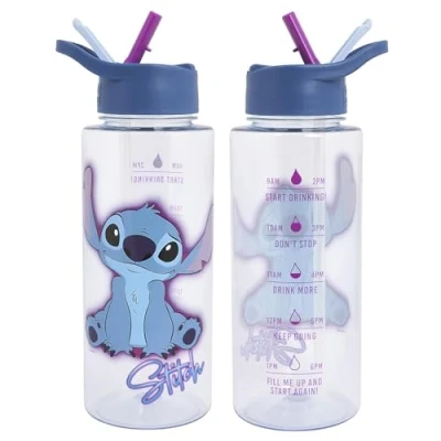 Image of Disney Stitch 1L Kids Water Bottles with Straw by Polar Gear Lilo And Gifts For Girls Back to School Supplies Bottle Motivational Time Markings