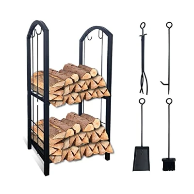 Image of VOUNOT Log Rack with 4 Fireplace Tools Indoor Fireside Companion Set Outdoor Holder for Wood Burner Wrought Iron Storage Tool Stove Accessories, 38x33x75 cm