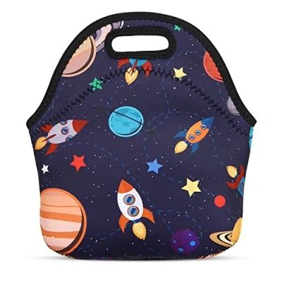 Image of JIMOWANG Space Rocket Cute Neoprene Lunch Bag Reusable Box Insulated Bags Tote Cartoon Thermal Picnic Waterproof Handbag