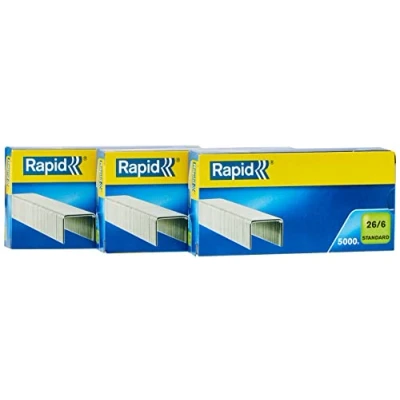 Image of Rapid 26/6mm Standard Staples, For Stapling up to 20 Sheets, Use with Desktop and Electric Staplers, Copper Plated, 3 Boxes of 5000, 24862400