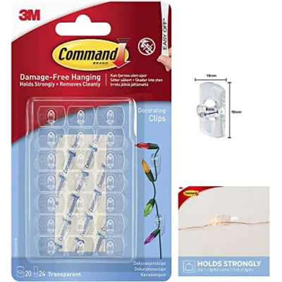 Image of UKDD® Command Self Adhesive Damage Free Hanging Clear Decorating Clips for Fairy Lights with Prep Pads Quick and Easy Application