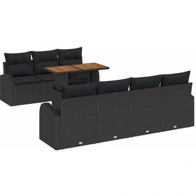 Image of vidaXL 8 Piece Garden Dining Set with Cushions Black Poly Rattan Acacia