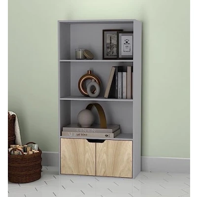 Image of URBNLIVING 4 Tier Wide Grey Wooden Bookcase Cupboard With 2 Doors Storage Shelving Display Shelf Cabinet Unit (Grey Oak Doors)