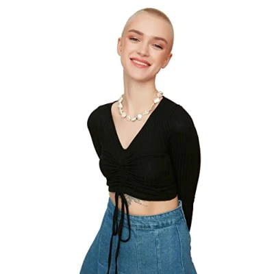Image of Trendyol Women Young Fitted Basic V Neck Knit Blouse Black