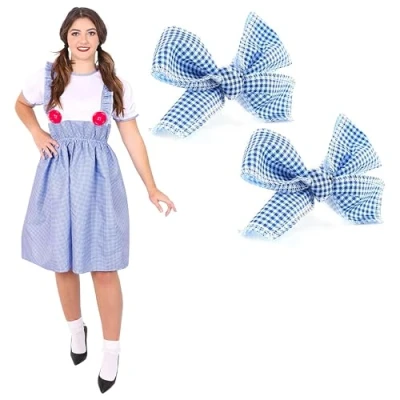 Image of Ladies Kansas Girl Fancy Dress Costume Large Blue Gingham Dress, Matching Hair Ties Adults World Book Day Week