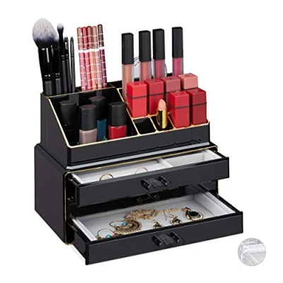 Image of Relaxdays Make Up Organiser, 2 Pieces, with Jewellery Box, 3 Drawers, Plastic, HBT 18.5 x 23.5 15 cm, Black/Gold, 1 Item