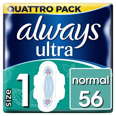 Image of Always Ultra Sanitary Towels with Wings Pads (Super Absorbent/Neutralises Odours/Ultra Thin), Normal, 56 count